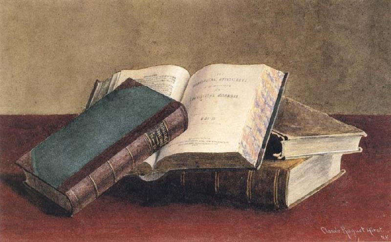 Hirst, Claude Raguet Unidentified Open Book Propped against Two Stacked Volumes,with Red Background oil painting image